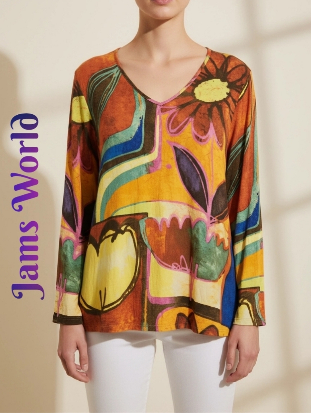 Jams World Womens Top Sz XL Blossoms Boho Festival Summertime Colorful Bright
